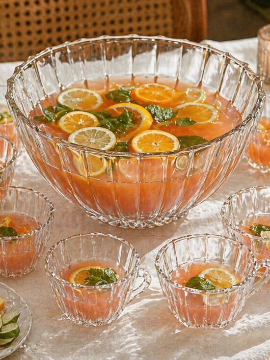 Other - Vintage Clear Glass Punch Bowl Set w/ 10 Cups Fluted Ribbed Starburst Mid Centur